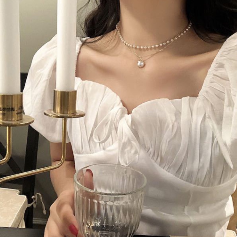 Dây chuyền hai lớp đính ngọc trai phong cách retro đơn giản