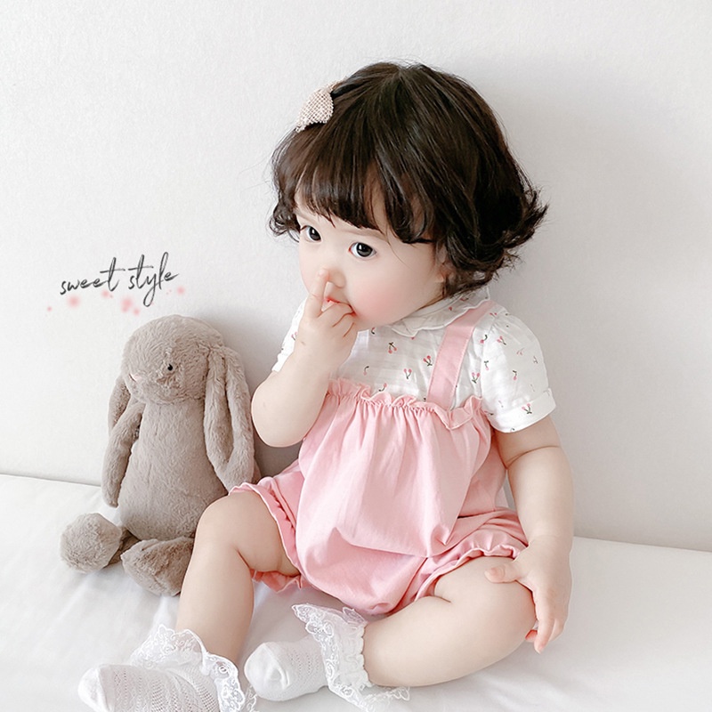 Bộ Áo Liền Quần Tay Ngắn Phối Bèo Dễ Thương Cho Bé Gái