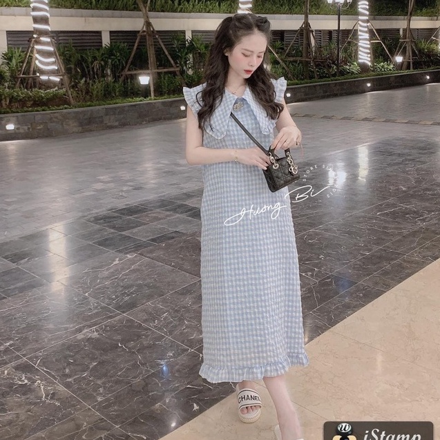 Váy sơ mi kẻ caro 3 màu dáng dài V.124, Váy sơ mi cổ bèo sát nách dáng suông ngọt ngào -Thời trang nữ Chấm Bi
