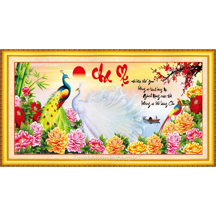 Tranh thêu chữ thập cha mẹ chim công mẫu đơn LV3061 - size: 88*43cm (tự thêu)