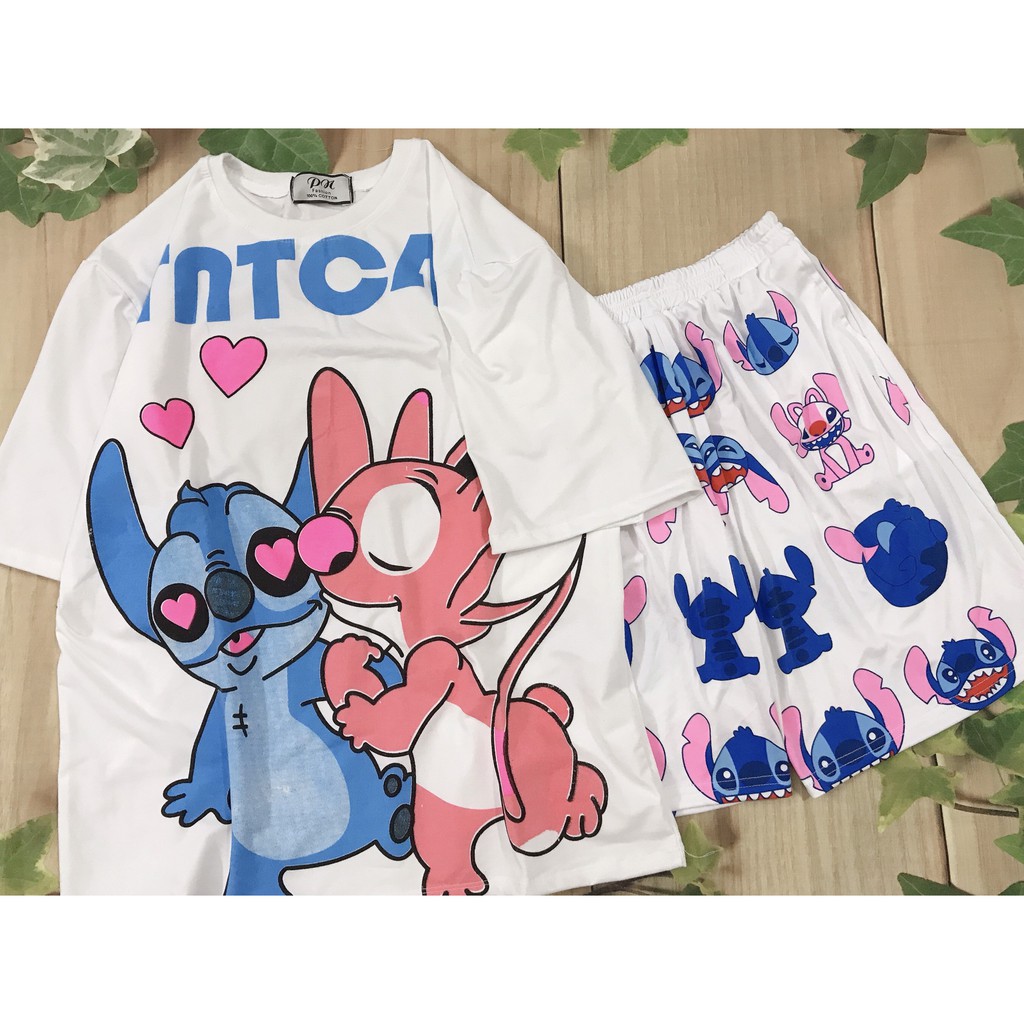 Set Đồ Bộ In Hình STITCH KISS QUẦN cartoon STITCH 3D Cute DB30-Lapi VN Áo+ Quần Đùi Vải Thun Cotton Thoáng Mát, Freesize