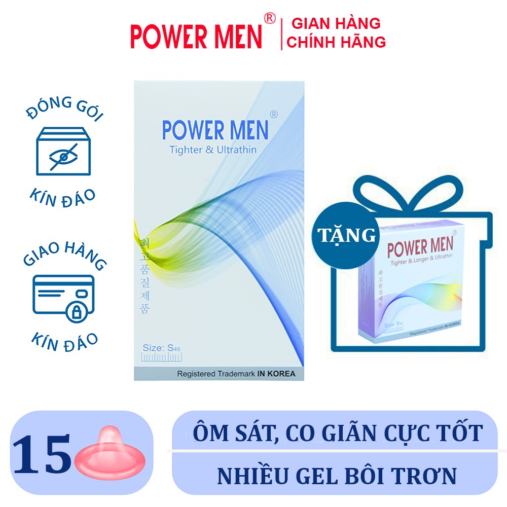 Bao cao su Powermen Tighter & Ultrathin Siêu Mỏng, Ôm sát Size 49mm Hộp 12 chiếc (TSI)