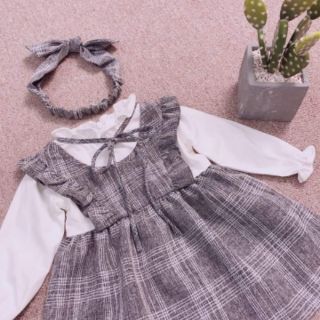 Set váy kẻ + băng đô cho bé