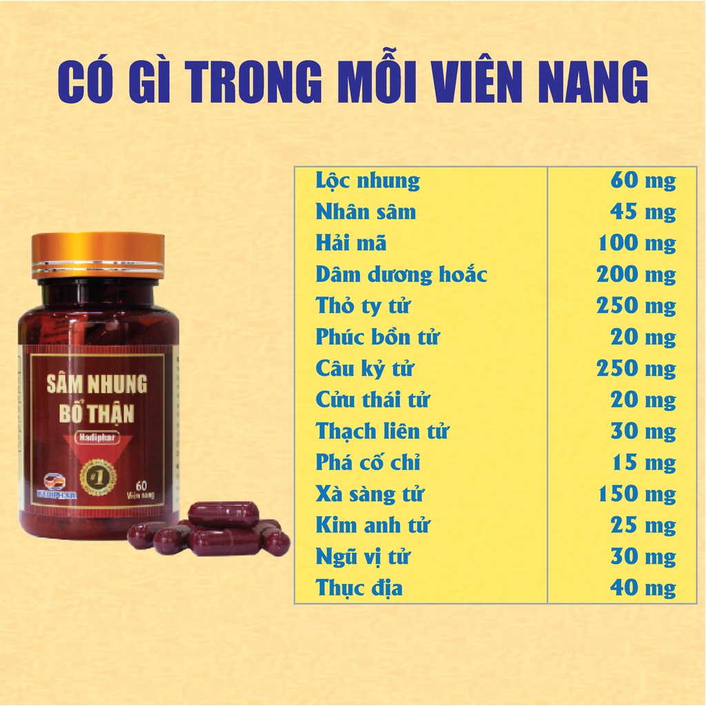 Viên uống tăng cường sinh lý sâm nhung bổ thận Hadiphar (60 viên)