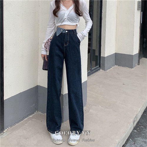 Quần jean ống rộng phối tam giác lưng cao thời trang sành điệu dành cho nữ hàng QC loại 1 phong cách