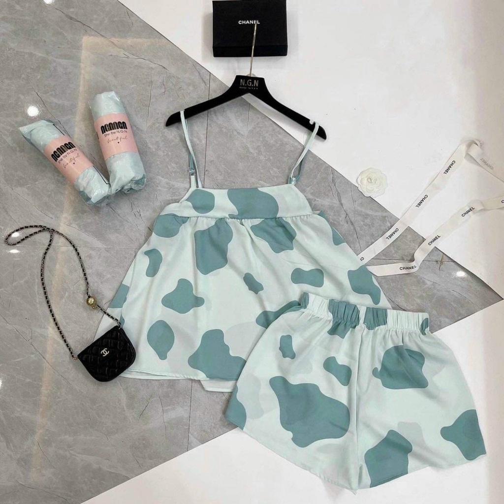 Đồ Bộ Ngủ Hai Dây Mặc Nhà , Bộ đồ ngủ pijama mặc ở nhà dễ thương ,Bộ pijama 2 dây họa tiết bò sữa mặc nhà