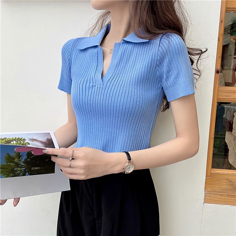 Áo thun dệt kim SUXI đơn giản phong cách cổ điển cho nữ