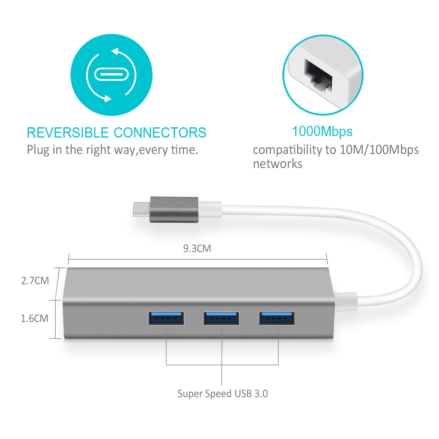 Bộ Chia 3 Cổng Usb 3.0 Hub Ethernet Rj45 Lan Usb C Hub Cho Macbook Pro Pc