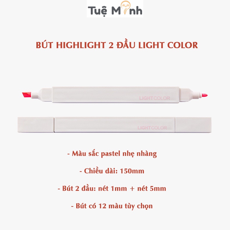 Bộ 12 bút highlight 2 đầu màu Pastel Light Color HI06 kèm sticker, bút dạ quang thân vuông đánh dấu