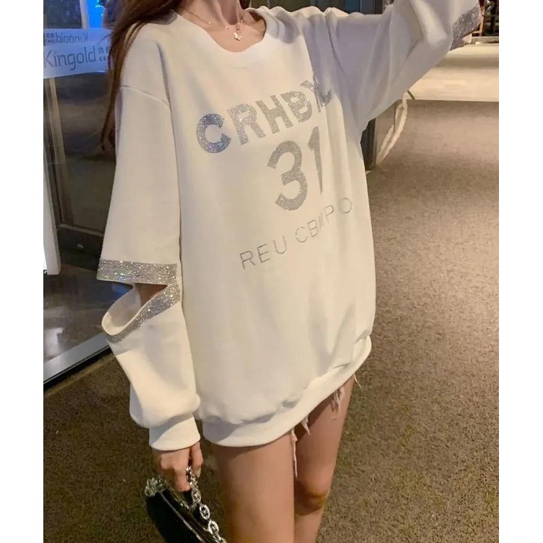 Áo sweatshirt ZHELIHANGFEI tay dài cổ tròn dáng rộng in họa tiết chữ cái phong cách đơn giản thời trang đa năng