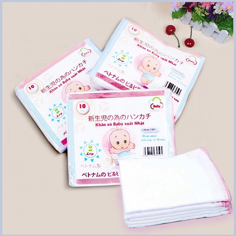 ( Set 10c 2 Lớp) Khăn Sữa Xô Trắng Xuất Nhật Cao Cấp Loại 2 Lớp Thấm Hút Tốt, Dùng Lau Sữa Lau Mặt Cho Bé