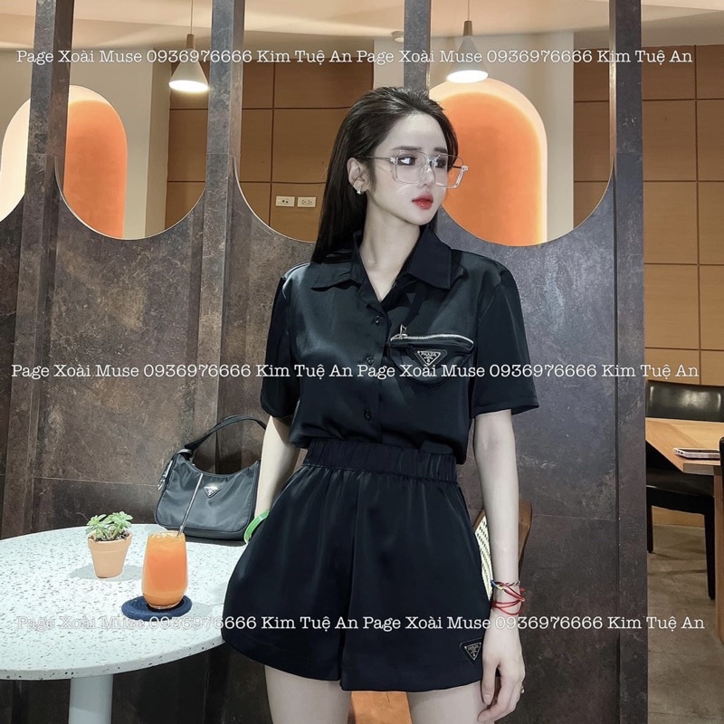 Set bộ áo vest sơ mi cổ bẻ mix quần sooc đùi Áo sơ mi cộc tay chất thô lụa