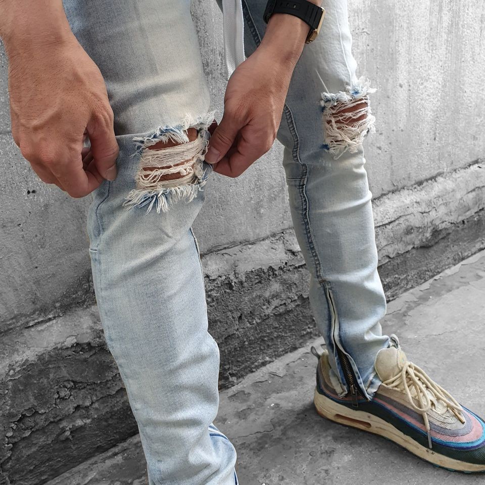 Quần jean nam Streetwear DATINO rách gối form Skinny co giãn ống khóa Zipper, bền màu