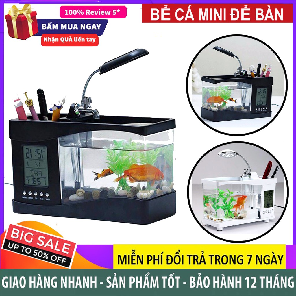 Bể Cá Thủy Sinh Mini kiêm Đồng Hồ Để Bàn Màu Ngẫu Nhiên + Tặng kèm đá và cây cảnh trang trí Lienvu0294 Liên Vũ Store