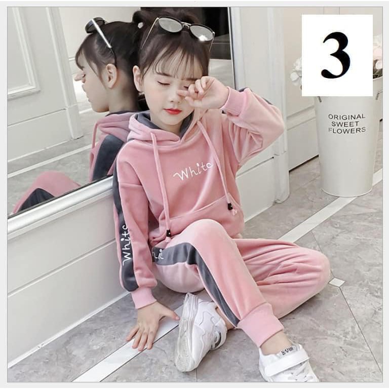Bộ nhung HOODIE lót nỉ bé gái