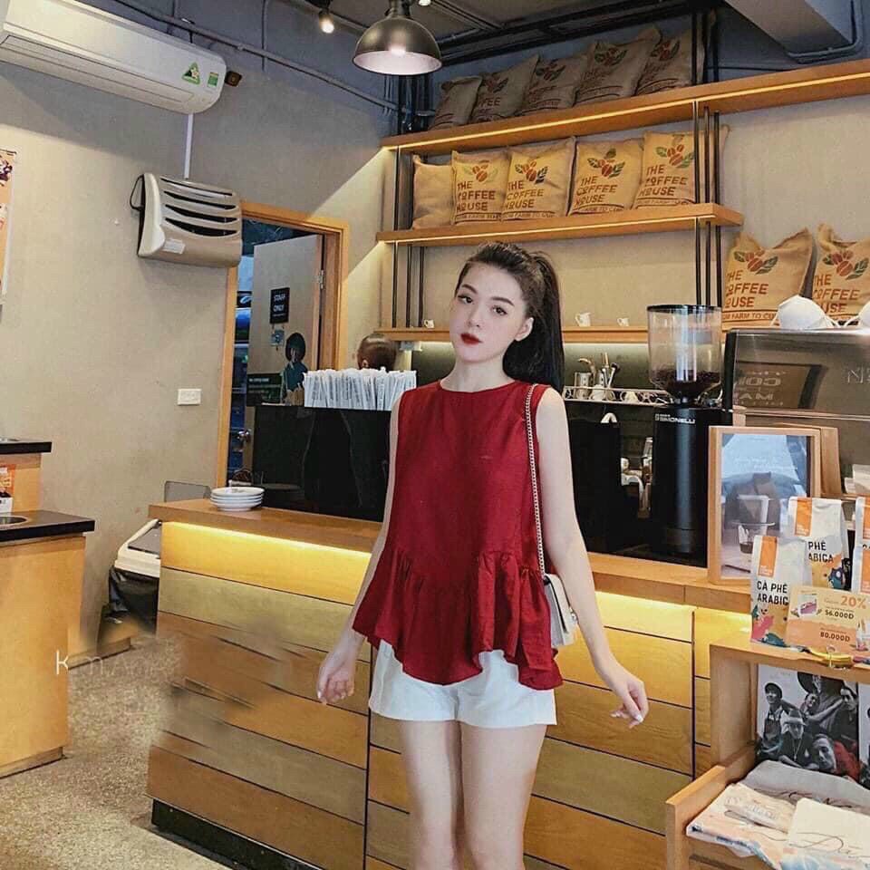 Sét Bộ Đũi Cổ Tròn Họa Tiết Áo Xòe Màu Đỏ Phối Quần Đùi Trắng Cực Xinh Dễ Thương