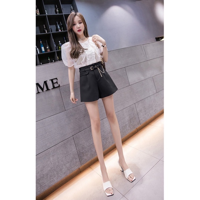 Quần đùi nữ cạp cao, Quần ống rộng nữ chất liệu tuyết mưa S15