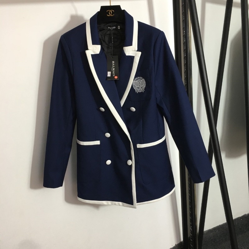 Áo blazer nữ cổ vest thương hiệu Balmain cao cấp bản màu xanh than viền trắng thời trang