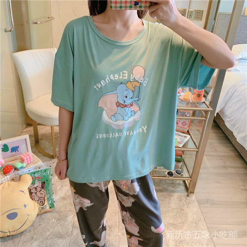 Bộ Đồ Ngủ Tay Ngắn Quần Dài Dáng Rộng In Họa Tiết Hoạt Hình Thời Trang Xuân Thu Cho Nữ