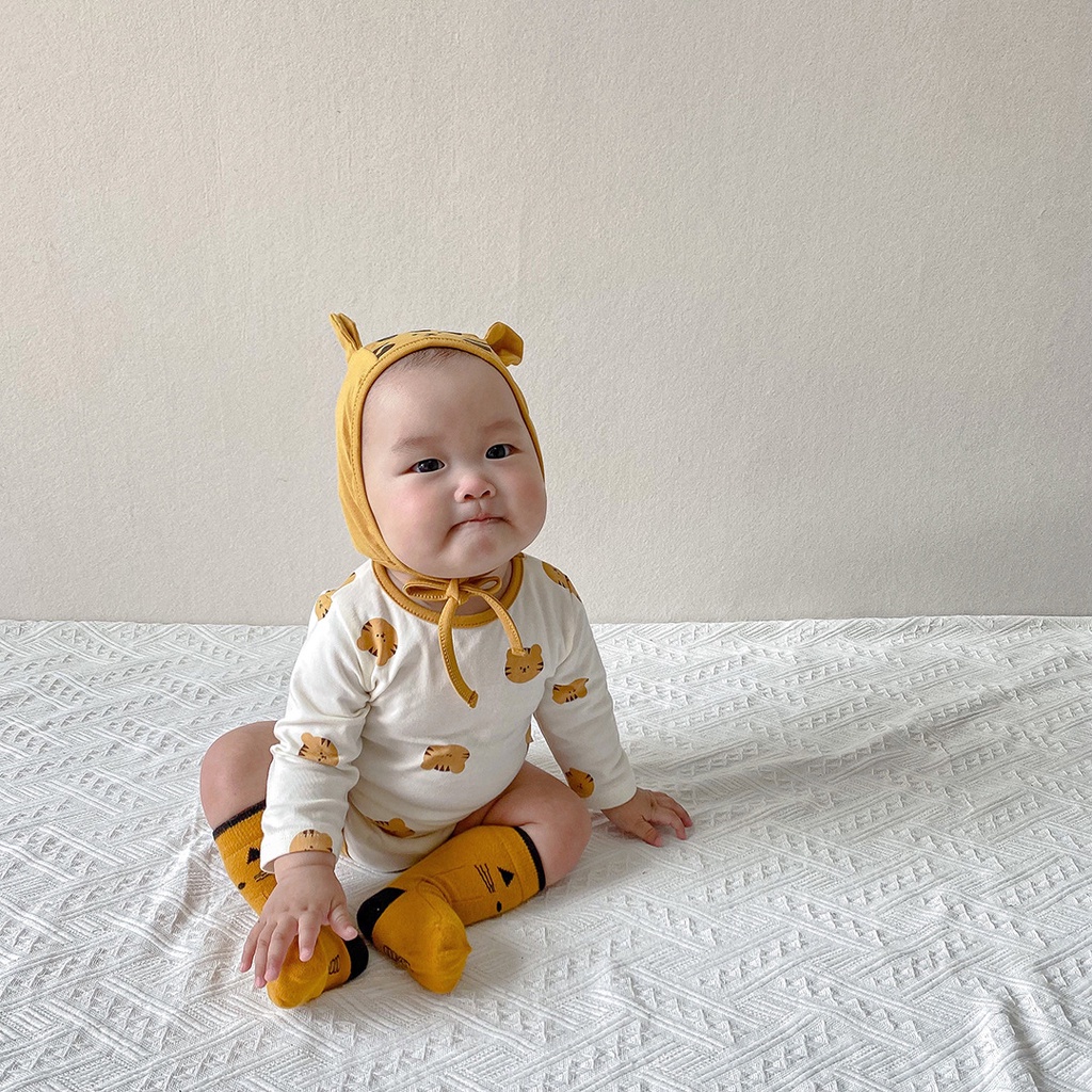 Bodysuit cho bé trai bé gái dài tay hình hổ nhỏ kèm mũ chất cotton 100% size 3-12kg TE22