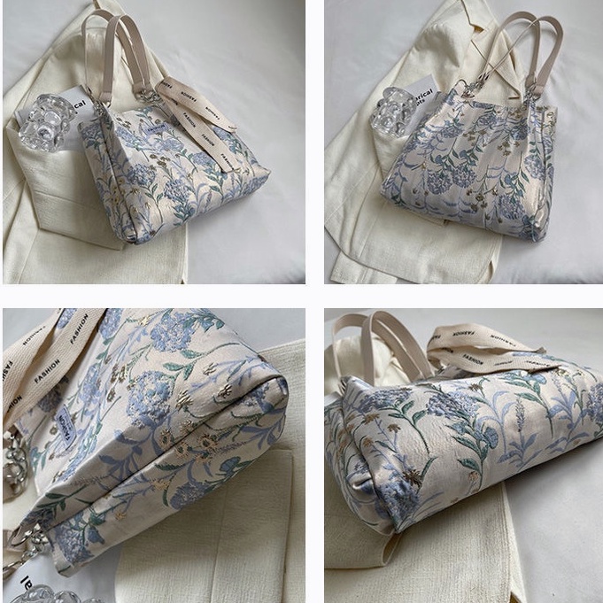Túi tote vải hình hoa túi đeo vai nữ cỡ lớn canvas bo viền kèm quai tết khăn đi học đi chơi đi làm