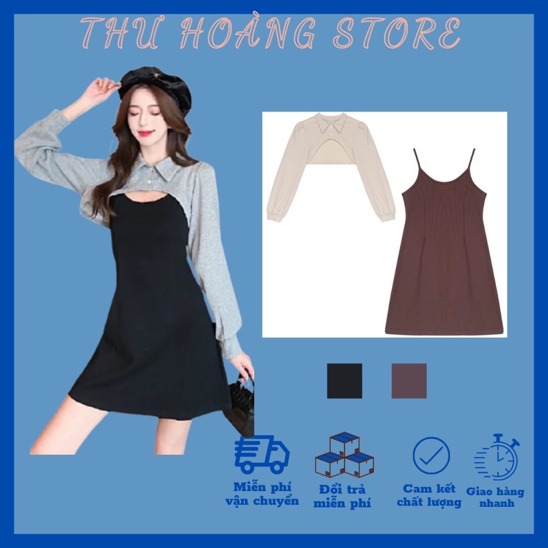 [Ảnh độc quyền] Sét váy áo cổ sơ mi cài cúc mix đầm 2 dây nữ dáng chữ A phong cách Hàn quốc