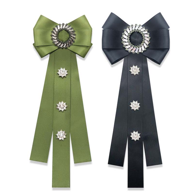 Cà Vạt Nơ Đeo Cổ Màu Xanh Ô Liu Đính Pha Lê Kèm Ghim Cài Áo Cho Nữ