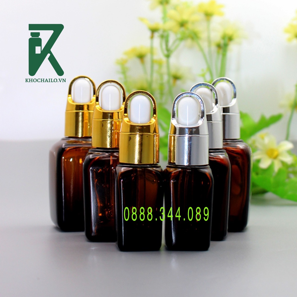 Chai tinh dầu ,serum thủy tinh vuông nâu khoen quai xách vàng,bạc ống thủy tinh bóp trắng 10ml,20ml,30ml,50ml