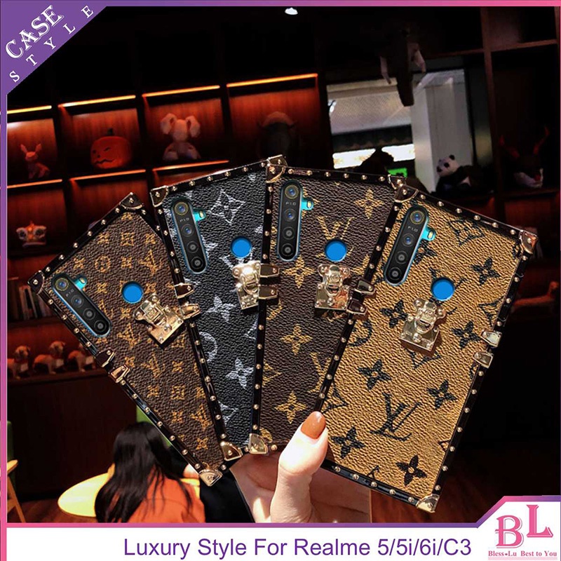 Ốp Realme 5 5i 6i C3 5S LV Square Chrome Rivet Leather embroidery Phone Case Retro Fashion Phone Case