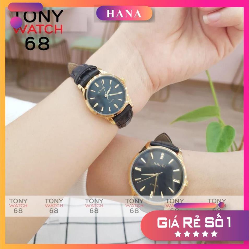 Đồng hồ cặp đôi nam nữ Halei viền vàng dây da siêu mỏng Tony Watch 68