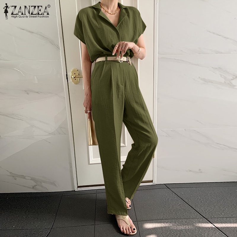 ZANZEA Bộ Trang Phục 2 Mảnh Áo Tay Ngắn Cài Nút Trước Phối Quần Short Ống Rộng Thời Trang Cho Nữ