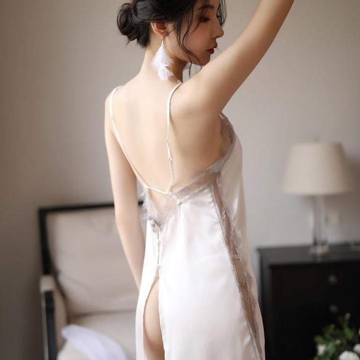 Váy ngủ satin lụa phối ren xẻ sexy 🔥SIÊU SALE🔥 đồ ngủ hai dây cao cấp freesize dưới 60kg đẹp giá rẻ