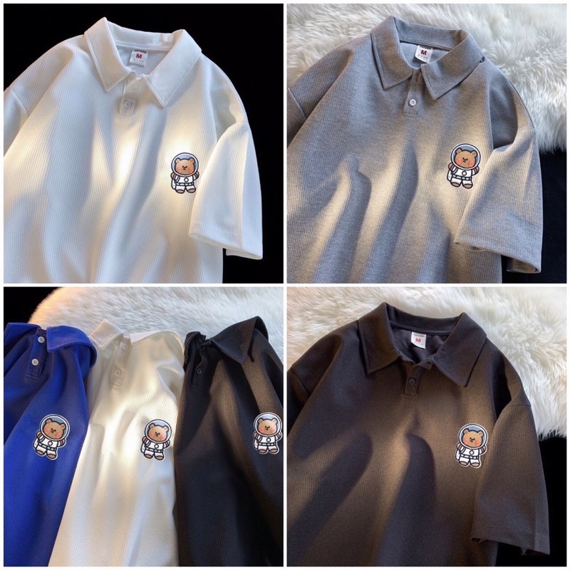 Áo polo cổ bẻ in hình GẤU Cute form thụng tay lỡ unisex mềm mịn Nhungkudostore