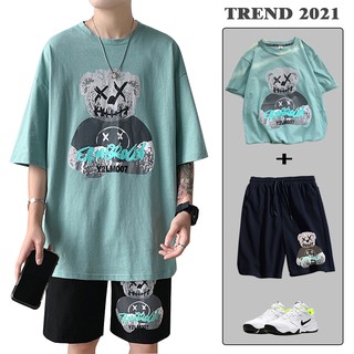 Bộ Đồ Thun Nam In Hình Gấu Áo Tay Ngắn Cổ Tròn Quần Short Đùi Thể Thao ZENKODLMEN 90000163C