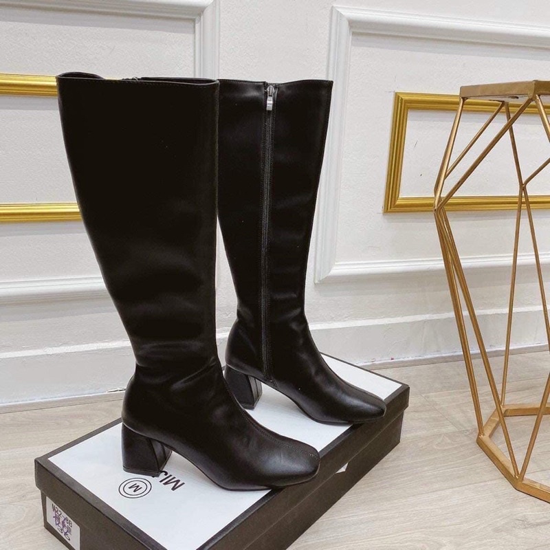 Bốt nữ  Mijiili boots đùi kéo khoá sườn da lì mềm mịn lót lông màu đen nâu trắng fullbox dài xịn