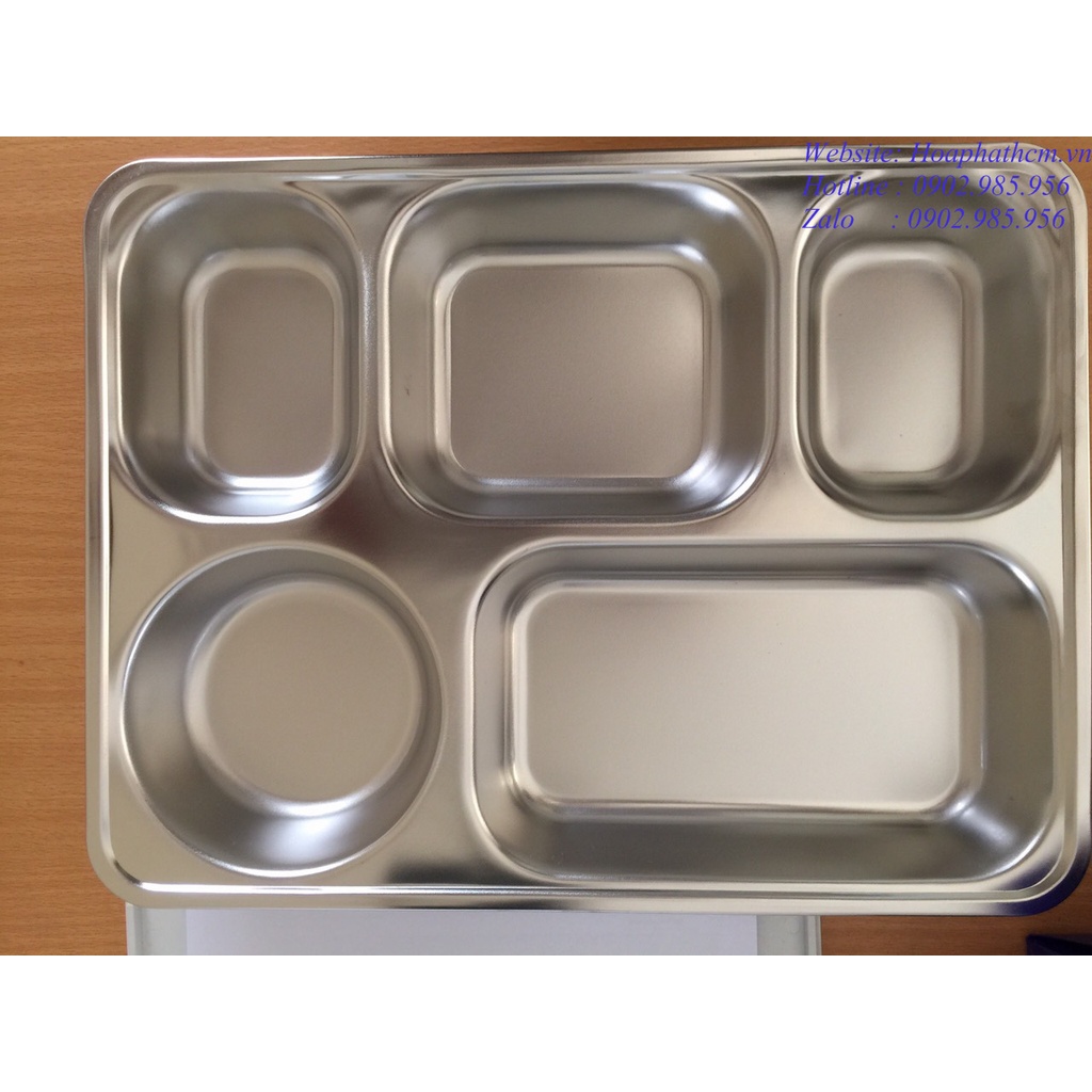 Khay cơm inox đựng thức ăn sâu lòng 5 ngăn inox 304 cao cấp không nắp kích thước 28 x 22 x 3cm