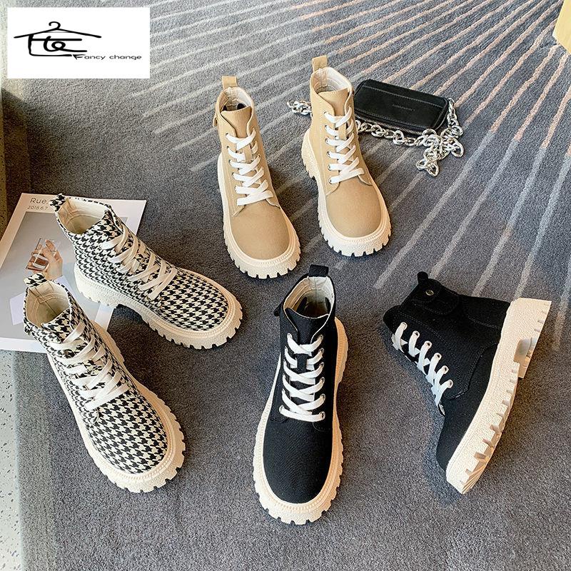 Giày bốt martin vải bạt cột dây đế dày Anh Quốc thời trang hè thoải mái dễ phối đồ thích hợp cho nữ 2022