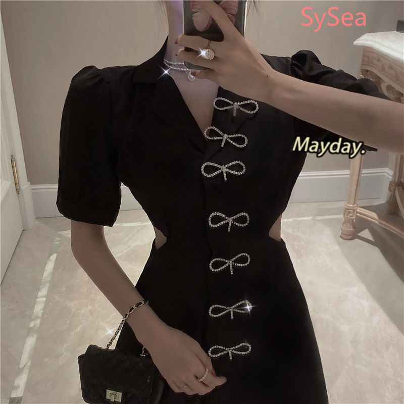 Đầm tay ngắn phối nơ đính kim cương giả thời trang dành cho nữ | BigBuy360 - bigbuy360.vn