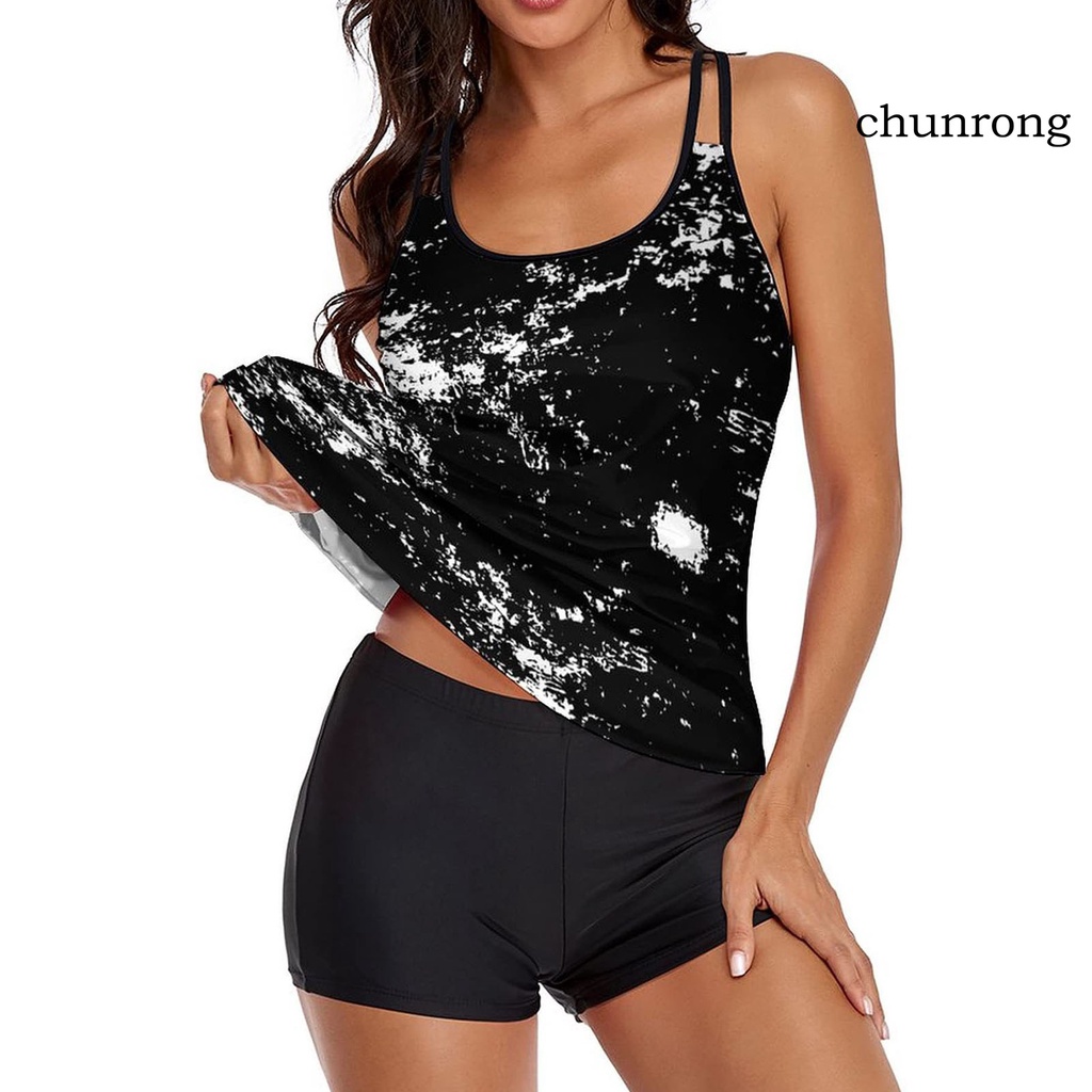 Bộ Đồ Bơi Áo Cổ Chữ U Không Tay Quần Short Lưng Cao In Họa Tiết Lá Dành Cho Nữ