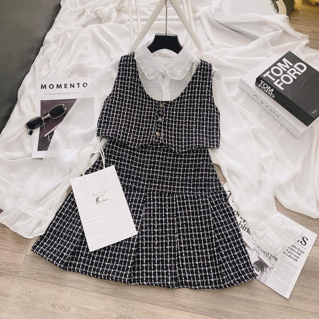 Set váy dạ Tweed tiểu thư nữ thu đông cao cấp hot LALLAMOTION 28 | BigBuy360 - bigbuy360.vn