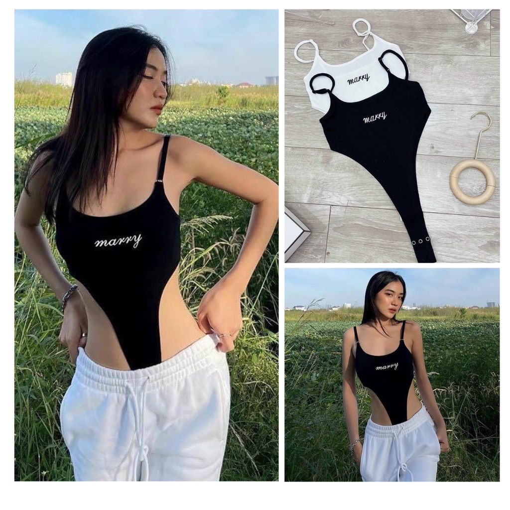 Áo boddysuit liền thân 2 dây  , Áo jumsuit thêu chữ MARRY ôm boddy khoét eo gợi cảm sexy hottrend cho nữ