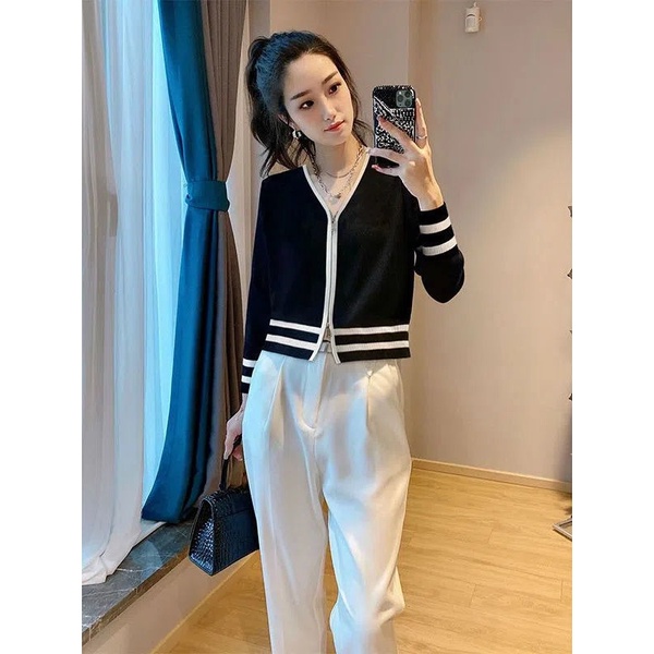 Áo Khoác Cardigan Dệt Kim Cổ Chữ v Phối Hai Khóa Kéo Màu Sắc Thời Trang Xuân Hè 2022 Dành Cho Nữ