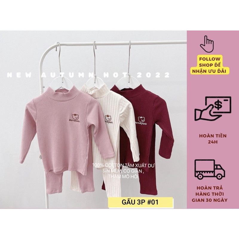 (set 3 bộ ) Bộ quần áo thu đông bé trai bé gái , bộ len tăm cổ 3 phân , co giãn 4 chiều , thấm hút mồ hôi tốt