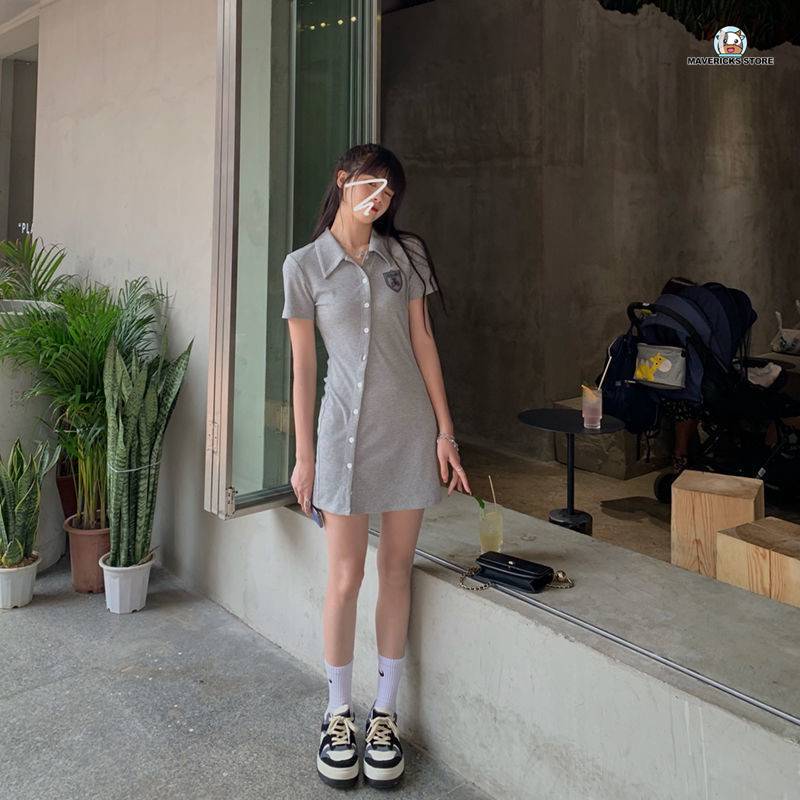 Đầm thun polo tay ngắn cổ bẻ phong cách Hàn Quốc thời trang mùa hè cho nữ