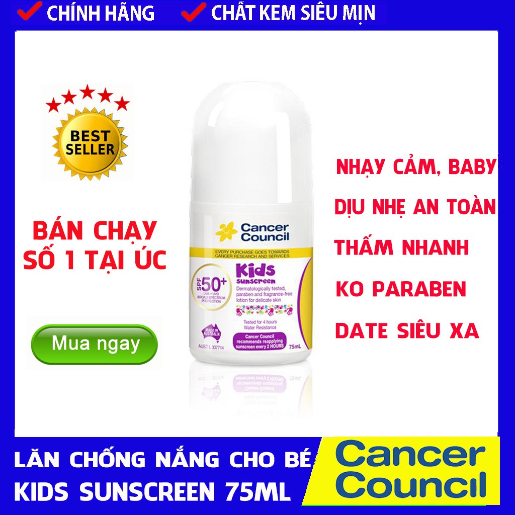 [CHÍNH HÃNG] Lăn chống nắng Cancer Council Kids Suncreen SPF50/PA++++ 75ml