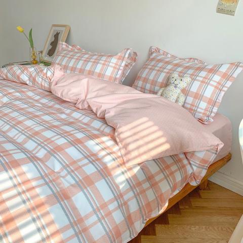 Bộ chăn ga Cotton Poly chăn ga Hàn Quốc hồng vintage đủ size miễn phí bo chun