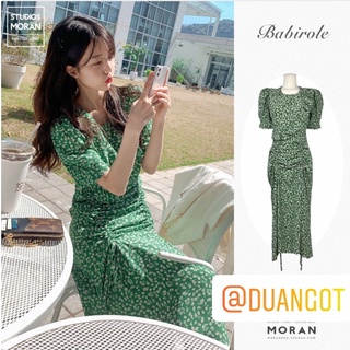 (ORDER) Váy MORAN hoa nhí màu xanh lá tay phồng rút dây nhăn nhún 2 bên kiểu Pháp sang trọng