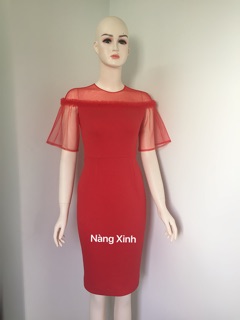Đầm đỏ dáng ôm phối lưới trễ vai (có ảnh phản hồi khách chụp)
