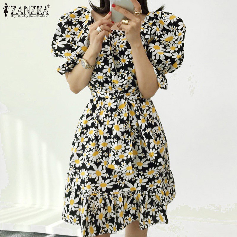 Đầm midi ZANZEA tay ngắn eo thun cổ tròn cho nữ