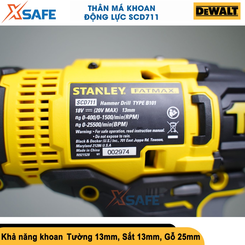 Máy khoan pin 20V Stanley SCD711 (thân máy, không pin sạc), động lực 50Nm, tốc độ đập 25.500 rpm, tốc độ búa 25.500 L/p